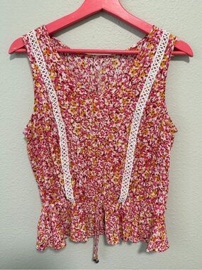 Women’s Pink Floral Lace Trim Tank Top Feminine Y2K Cami